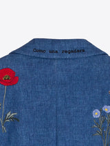 Vilagallo Sophia Embroidered Denim Jacket, close view of embroidered collar and poppy