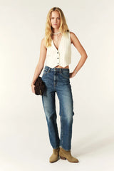 BA&SH Essy Waistcoat in ecru, worn by model with jeans, full length front view