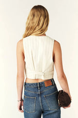 BA&SH Essy Waistcoat in ecru, worn by model, back view showing half belt