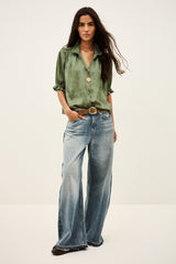 ba&sh Camila Shirt in khaki, worn by model with jeans, full length front view