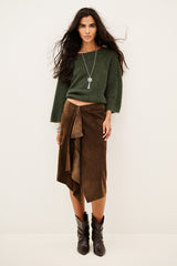ba&sh Isaac Cardigan in khaki, worn by model with a suede skirt, full length front view
