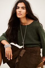 ba&sh Isaac Cardigan in khaki, worn by model, seated close view