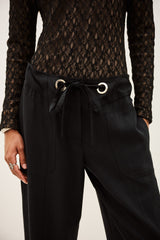ba&sh Pavana Pants in carbone, close view of the wide belt with eyelets at the waist