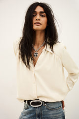 ba&sh Wilna Shirt in greige, worn by model, waist-up front view
