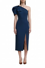 Acler Rogeron Midi Dress in sea, one shoulder, worn by model, front view