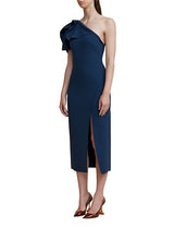 Acler Rogeron Midi Dress in sea, worn by model, three-quarter view showing front split