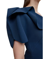 Acler Rogeron Midi Dress in sea, close-up of sculpted ruffle shoulder