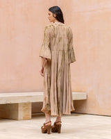 Mes Demoiselles Calm Dress in beige with olive tie-dye, worn by model, back view