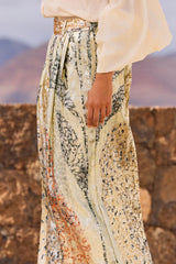 Mes Demoiselles Jump Lurex Jacquard Wide Pants, worn by model, close front view of the leg