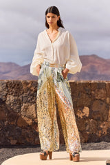 Mes Demoiselles Jump Lurex Jacquard Wide Pants, worn by model with a cream blouse, full length