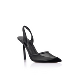 Lana Wilkinson Harley Heel in black mesh, single heel, three-quarter front view