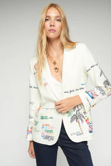 Vilagallo Hannah Linen Jacket in white with illustrated motifs, worn by model, front view