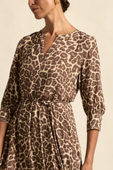 Zoe Kratzmann Scene Dress in ocelot print, close view of neckline, sleeve and cord belt