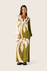 Mos The Label Lorena Blouse and Skirt, olive and cream leaf print set worn by model, front view