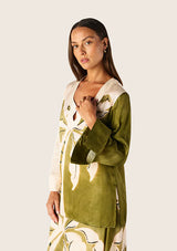 Mos The Label Lorena Blouse, olive and cream leaf print, worn by model, close three-quarter view
