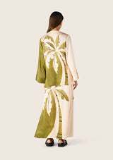 Mos The Label Lorena Blouse and Skirt, olive and cream leaf print set worn by model, back view