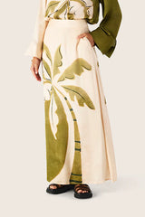 Mos The Label Lorena Skirt, olive and cream leaf print, worn by model, close front view