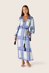 Mos The Label Jordi Long Sleeve Maxi Dress, blue tile print with tasselled tie, worn by model, front view