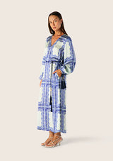 Mos The Label Jordi Long Sleeve Maxi Dress, blue tile print, worn by model, three-quarter view