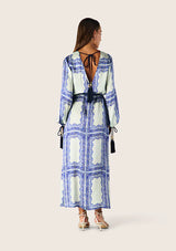 Mos The Label Jordi Long Sleeve Maxi Dress, blue tile print, worn by model, back view with tie detail