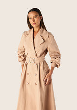 Mos The Label Arena Trench Coat in pink, worn by model, close view of lapels and buttons