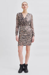 Second Female Gatsby Foil Print Dress, worn by model with black boots, full length
