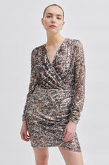 Second Female Gatsby Foil Print Dress, wrap front with long sleeves, worn by model