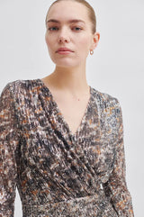 Second Female Gatsby Foil Print Dress, close view of foil print and V neckline