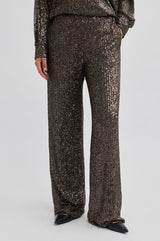 Second Female Moonshine Trousers in major brown sequin, close view of straight wide leg