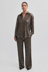 Second Female Moonshine Blouse in major brown sequin, worn by model, angled front view