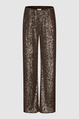 Second Female Moonshine Trousers in major brown sequin, product view on a plain background
