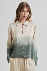 Second Female Avora Dip Dye Blouse in agave green, worn by model, front view