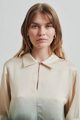 Second Female Avora Dip Dye Blouse in agave green, worn by model, waist up