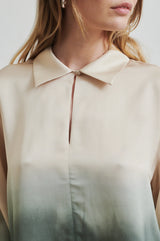 Second Female Avora Dip Dye Blouse in agave green, close view of collar and keyhole neckline