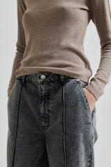 Second Female Columdore Denim Trousers in grey, close view of waistband and front seam