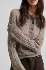 Second Female Vespa Knit Long Sleeve Polo in mid brown melange, close view of cable knit and buttons