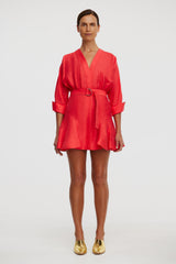 Acler Fairyhill Mini Dress in chilli, worn by model with tie belt, front view