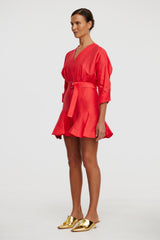 Acler Fairyhill Mini Dress in chilli, worn by model, three-quarter view