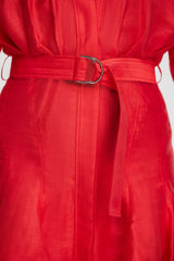 Acler Fairyhill Mini Dress in chilli, close-up of belt and buckle at the waist