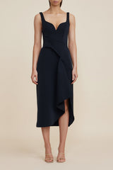Acler Gowrie Midi Dress in black, worn by model, front view with draped skirt