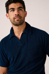 Christian Kimber Coogee Terry Polo in marine, close view of the open collar and chest pocket