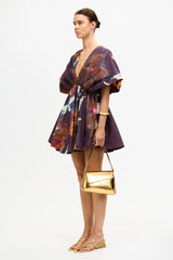 Acler Northam Mini Dress in plum floral print, worn by model, three-quarter view