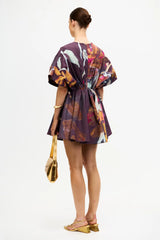 Acler Northam Mini Dress in plum floral print, worn by model, back view