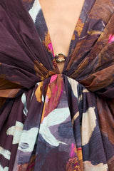 Acler Northam Mini Dress in plum floral print, close-up of gathered neckline and ring detail