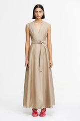 Acler Hepworth Maxi Dress in clay, worn by model with tie belt, full length front view