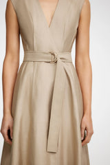 Acler Hepworth Maxi Dress in clay, close-up of wrap neckline and buckled belt
