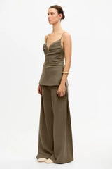 Acler Himley Top in pecan, worn by model with wide-leg pant, side view