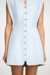 Acler Cinderford Mini Dress in blizzard, close-up of button front and fitted bodice