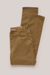Christian Kimber Rose Street Selvedge Jeans in camel, folded flat showing the front, studio shot