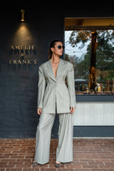 Acler Jared Blazer in stone with matching pant, worn outside the Amelie & Frank's boutique